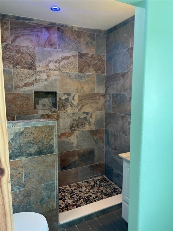 1123 S Fuqua St, Rockport, TX 78382 - full bathroom featuring a tile shower, toilet, recessed lighting, and vanity