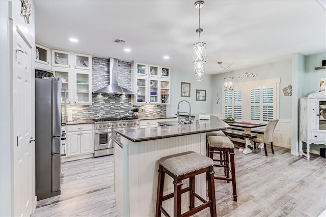 kitchen featuring white cabinets, a center island with sink, sink, wall chimney exhaust hood, and appliances with stainless steel finishes