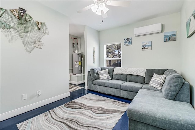 living room with a wall unit AC, ceiling fan, and water heater