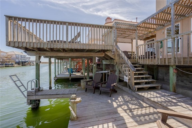 view of dock with a water view and stairs