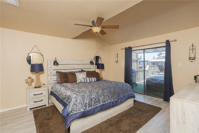 bedroom with visible vents, baseboards, vaulted ceiling, access to outside, and light wood-style floors