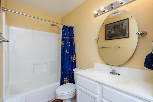 bathroom featuring vanity, toilet, and shower / bathtub combination with curtain