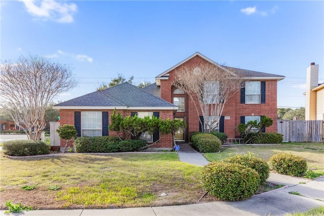 tri-level home with brick siding, a shingled roof, a front lawn, and fence