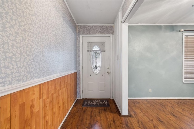 3718 Brushwood, Corpus Christi, TX 78415 - doorway with wallpapered walls, wood finished floors, crown molding, and baseboards