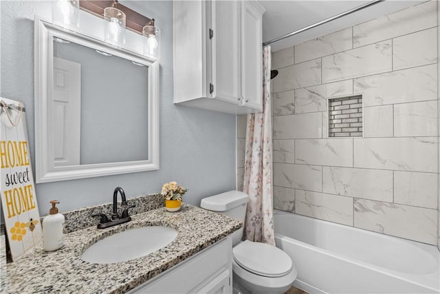 full bath featuring toilet, a textured wall, shower / bathtub combination with curtain, and vanity