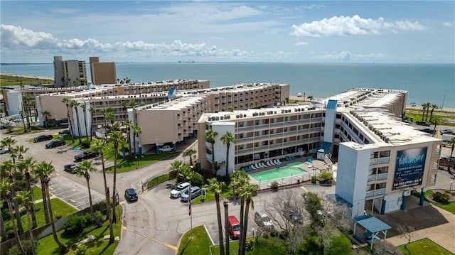 drone / aerial view with a water view