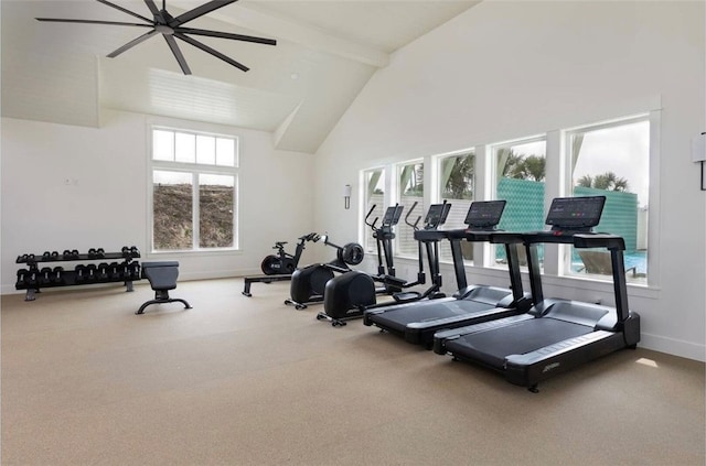 exercise room with high vaulted ceiling, carpet flooring, and ceiling fan