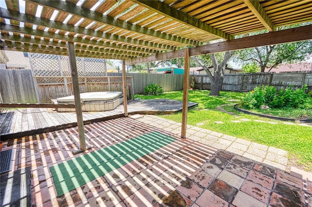 4513 Greensboro Dr, Corpus Christi, TX 78413 - fenced backyard featuring a covered hot tub, a pergola, a patio area, and a wooden deck