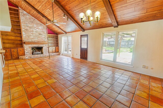 4513 Greensboro Dr, Corpus Christi, TX 78413 - unfurnished living room featuring wooden ceiling, built in shelves, a brick fireplace, a ceiling fan, and a chandelier