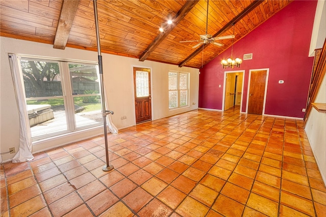 4513 Greensboro Dr, Corpus Christi, TX 78413 - unfurnished living room with a wooden ceiling with exposed beams, a ceiling fan, high vaulted ceiling, a chandelier, and tile patterned flooring