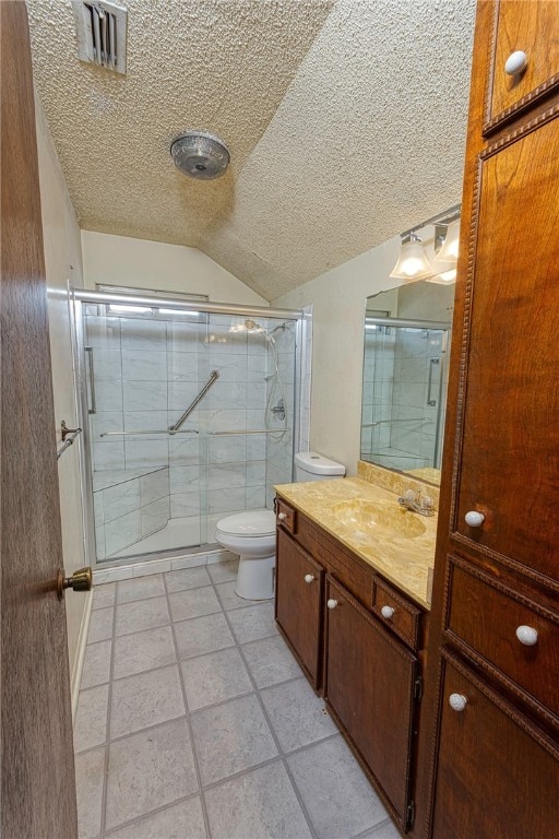4513 Greensboro Dr, Corpus Christi, TX 78413 - bathroom with a shower stall, a textured ceiling, vanity, and vaulted ceiling