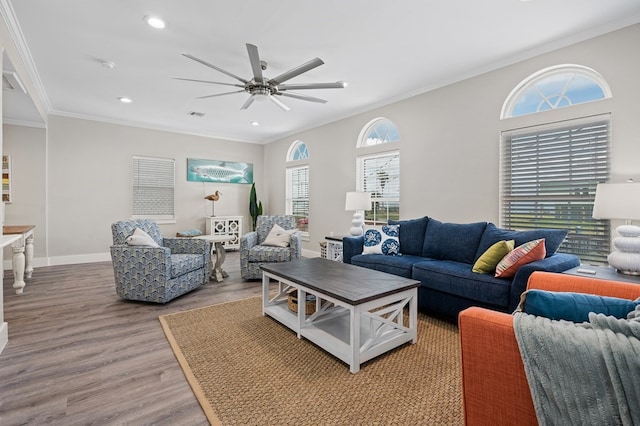 living room featuring ceiling fan, wood-type flooring, and crown molding