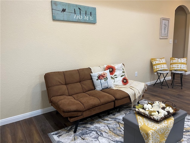 living room with dark hardwood / wood-style flooring