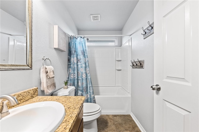 full bathroom with shower / bath combo, tile patterned flooring, vanity, and toilet