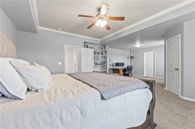 carpeted bedroom with ceiling fan and crown molding