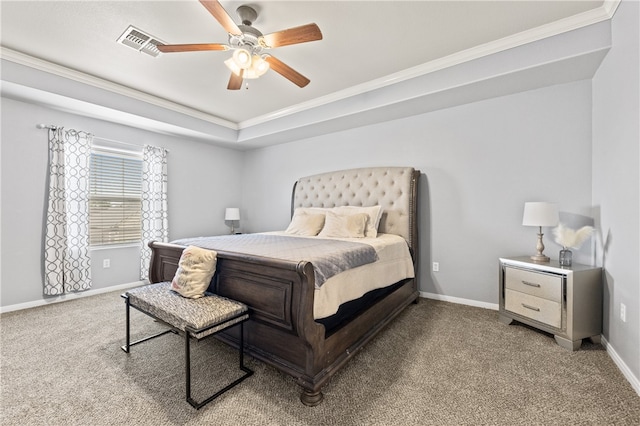 bedroom with light colored carpet, ceiling fan, and crown molding