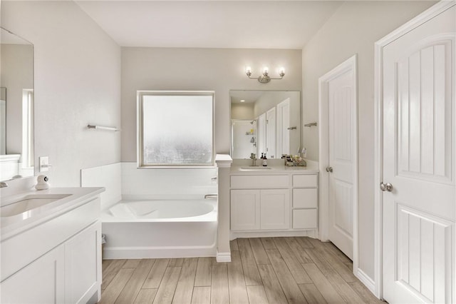 bathroom with hardwood / wood-style floors, vanity, and a tub