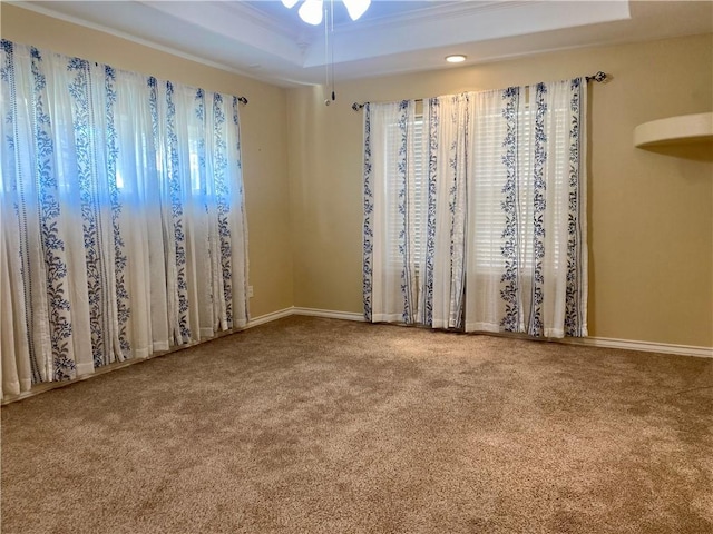 carpeted empty room with baseboards, a ceiling fan, and a tray ceiling