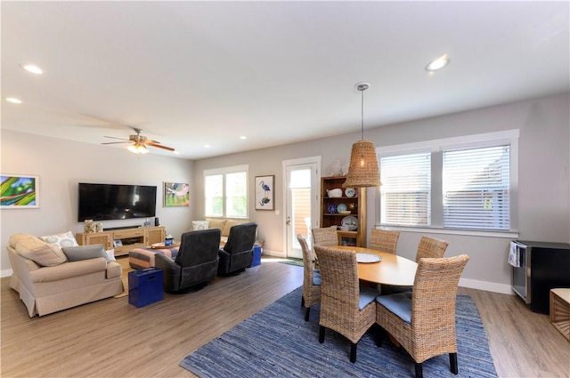 101 Boardwalk Ave, Rockport, TX 78382 - dining area with baseboards, recessed lighting, light wood-style floors, and a ceiling fan