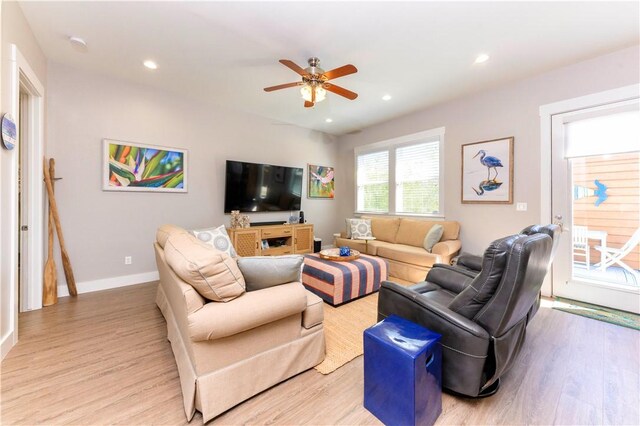101 Boardwalk Ave, Rockport, TX 78382 - living room featuring recessed lighting, baseboards, a ceiling fan, and wood finished floors