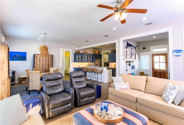 101 Boardwalk Ave, Rockport, TX 78382 - living area with visible vents, light wood-style flooring, a ceiling fan, and recessed lighting