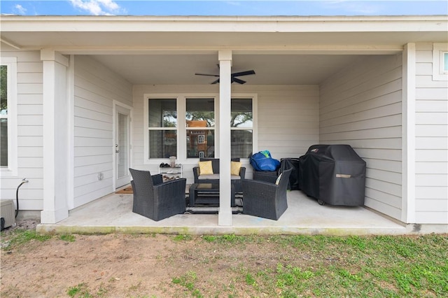 view of patio / terrace featuring ceiling fan and grilling area