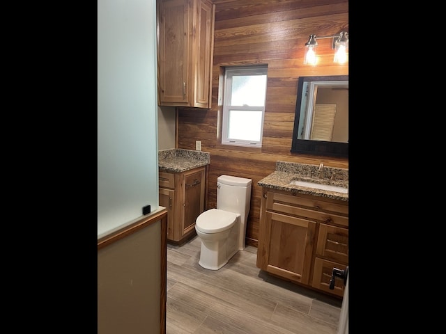 bathroom with vanity, toilet, and wooden walls