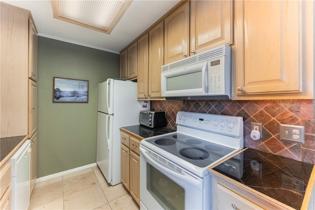 kitchen with light tile patterned floors, white appliances, tasteful backsplash, and light brown cabinetry