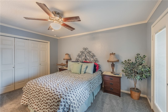 bedroom with crown molding, ceiling fan, a closet, and light carpet