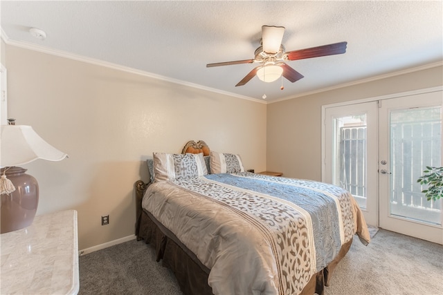 carpeted bedroom featuring access to exterior, french doors, ornamental molding, a textured ceiling, and ceiling fan