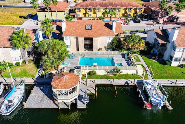 bird's eye view with a water view