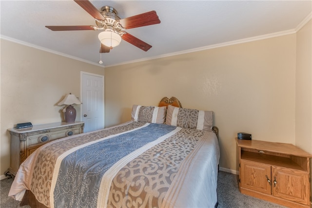 bedroom with dark carpet, ceiling fan, and crown molding