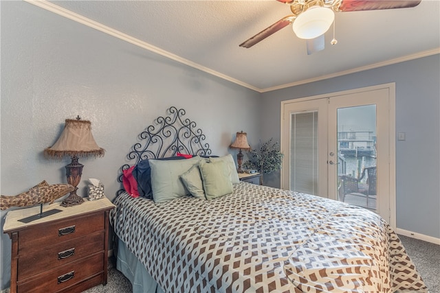 bedroom featuring ceiling fan, access to exterior, carpet floors, and crown molding