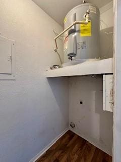 clothes washing area featuring electric panel, laundry area, wood finished floors, and electric water heater