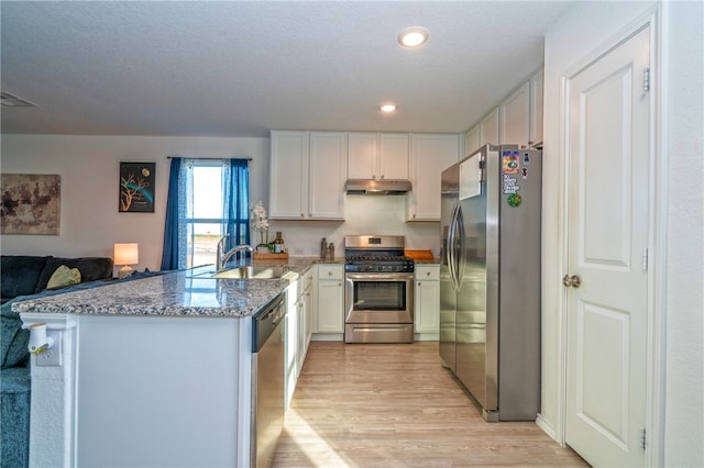 kitchen featuring white cabinets, sink, light wood-type flooring, appliances with stainless steel finishes, and kitchen peninsula