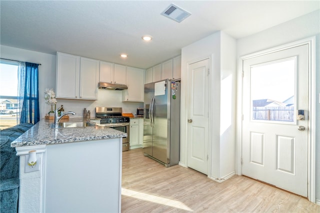 kitchen with white cabinets, sink, light wood-type flooring, appliances with stainless steel finishes, and kitchen peninsula