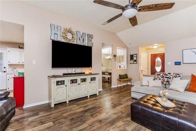 6309 Brianna Cir, Corpus Christi, TX 78414 - living room with dark wood-style flooring, a ceiling fan, and vaulted ceiling