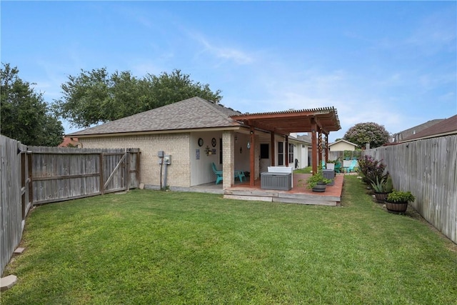 6309 Brianna Cir, Corpus Christi, TX 78414 - rear view of property featuring a fenced backyard, a deck, brick siding, roof with shingles, and a pergola