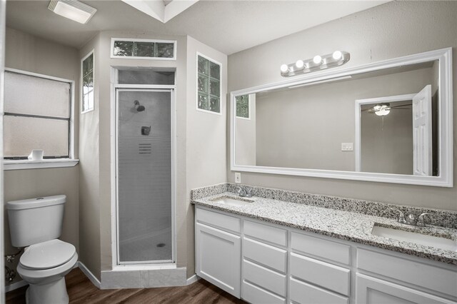 bathroom with hardwood / wood-style floors, vanity, toilet, and an enclosed shower