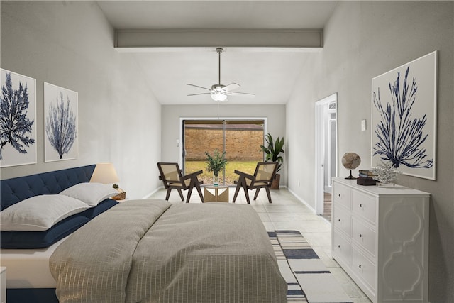 tiled bedroom featuring lofted ceiling with beams and ceiling fan