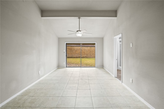 unfurnished room with light tile patterned floors, lofted ceiling with beams, and ceiling fan