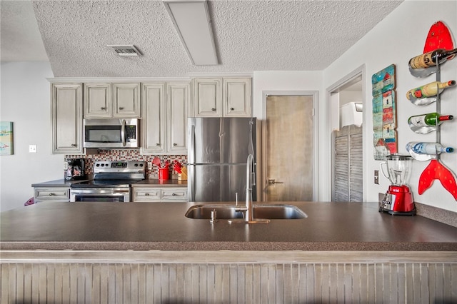 kitchen featuring a textured ceiling, sink, appliances with stainless steel finishes, and tasteful backsplash