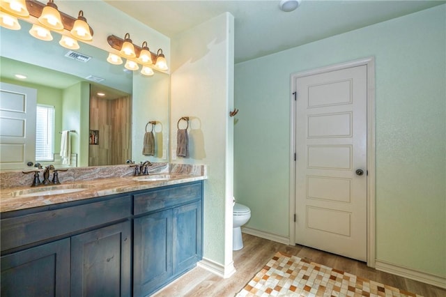 bathroom with vanity, wood-type flooring, and toilet