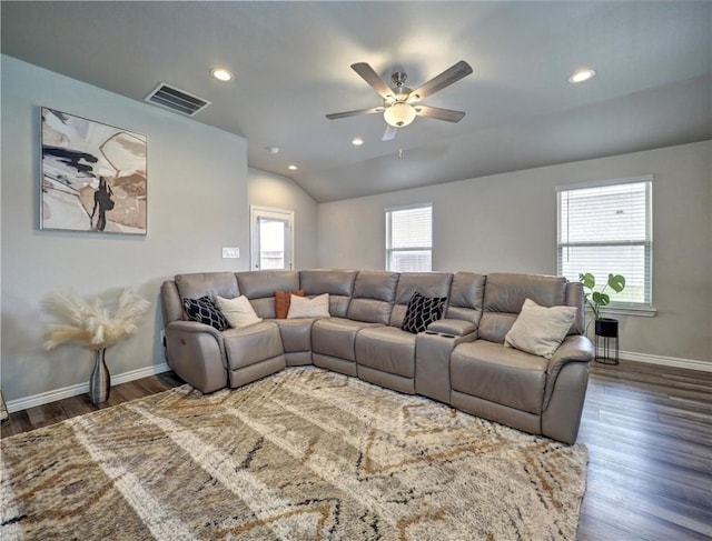 2693 Excelsior Blvd, Corpus Christi, TX 78415 - living area with ceiling fan, dark wood finished floors, recessed lighting, and lofted ceiling