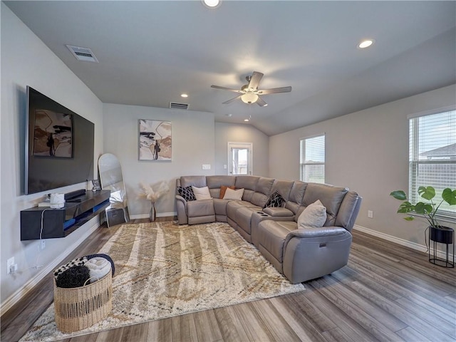 2693 Excelsior Blvd, Corpus Christi, TX 78415 - living area with wood finished floors, ceiling fan, recessed lighting, and vaulted ceiling