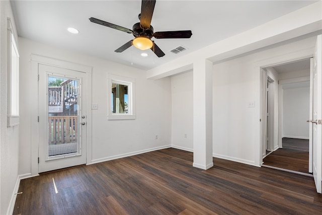 entrance foyer featuring ceiling fan and dark hardwood / wood-style floors