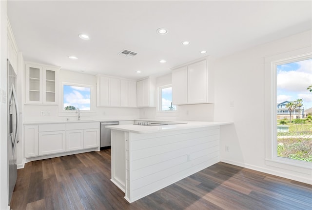 kitchen featuring white cabinets, kitchen peninsula, and a wealth of natural light