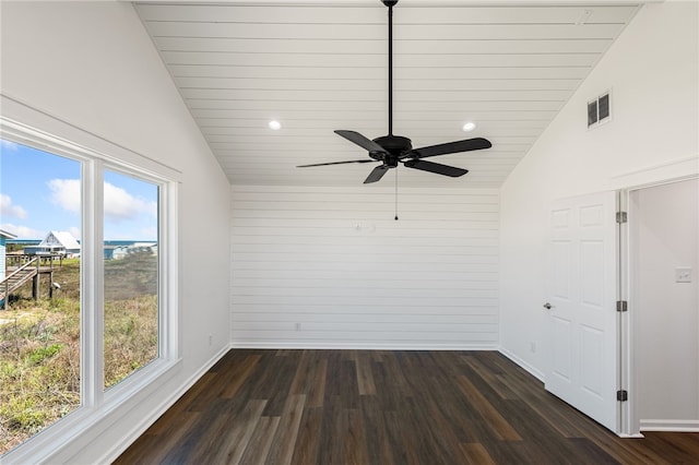 unfurnished room with dark wood-type flooring, high vaulted ceiling, wooden ceiling, and ceiling fan