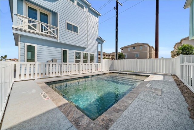 view of pool featuring a fenced backyard, a patio, and a fenced in pool
