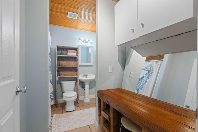 full bathroom with wooden ceiling, toilet, a sink, visible vents, and tile patterned floors